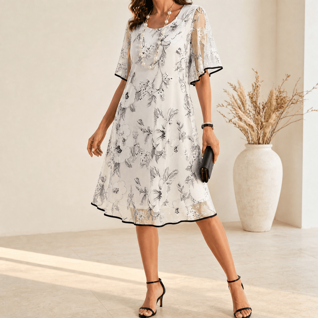 Solenya – Women's Floral Chiffon Dress with Sheer Overlay Ivory Floral