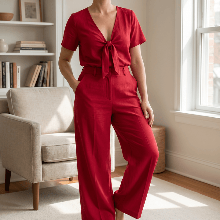 Solenza – Flattering Two-Piece Set with Wide-Leg Pants Cherry Red /