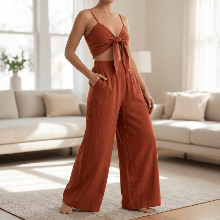 Solenza – Flattering Two-Piece Set with Wide-Leg Pants Rust /