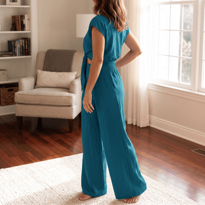 Solenza – Flattering Two-Piece Set with Wide-Leg Pants Teal Blue /
