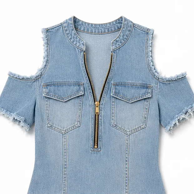 Solera – Cold Shoulder Zip Front Frayed Denim Mini Dress