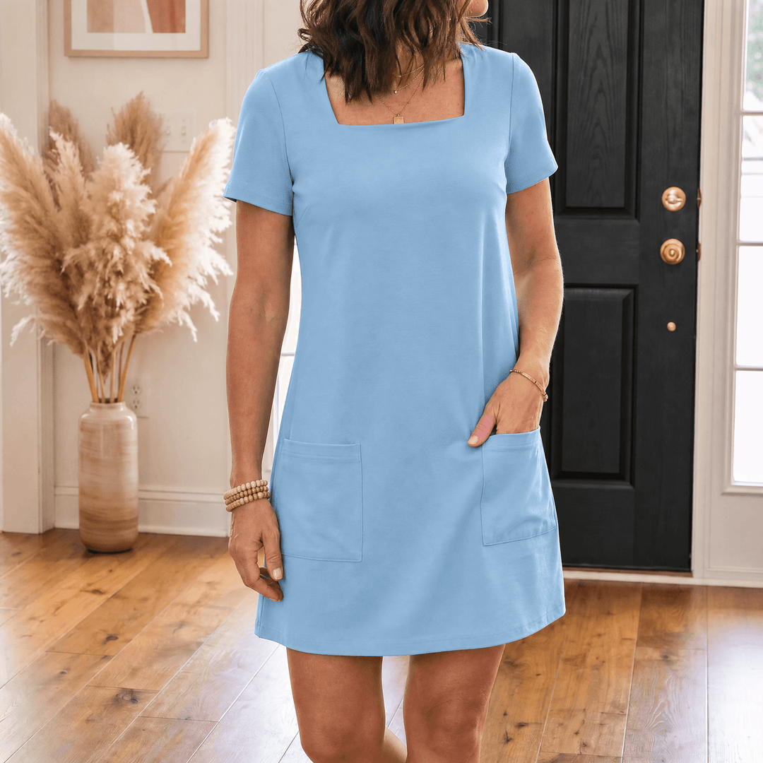 Soliva – Women's Soft Square-Neck Pocket Dress light blue