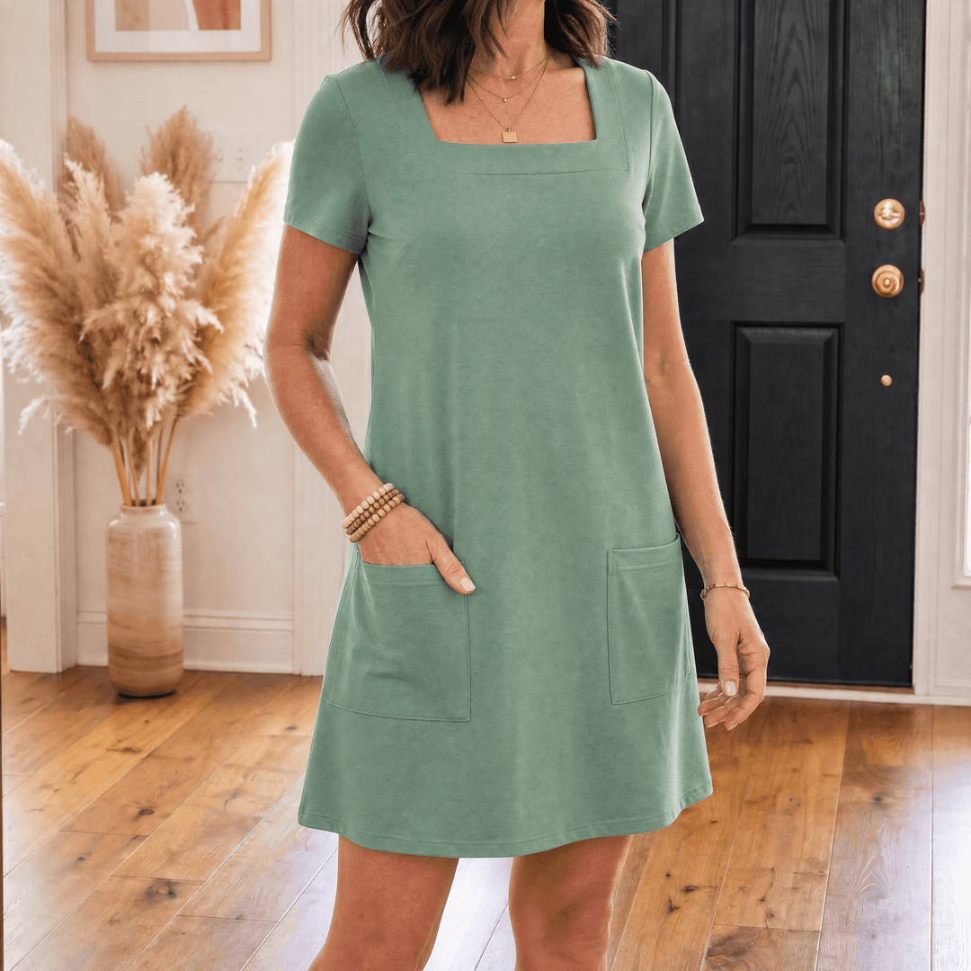 Soliva – Women's Soft Square-Neck Pocket Dress sage green