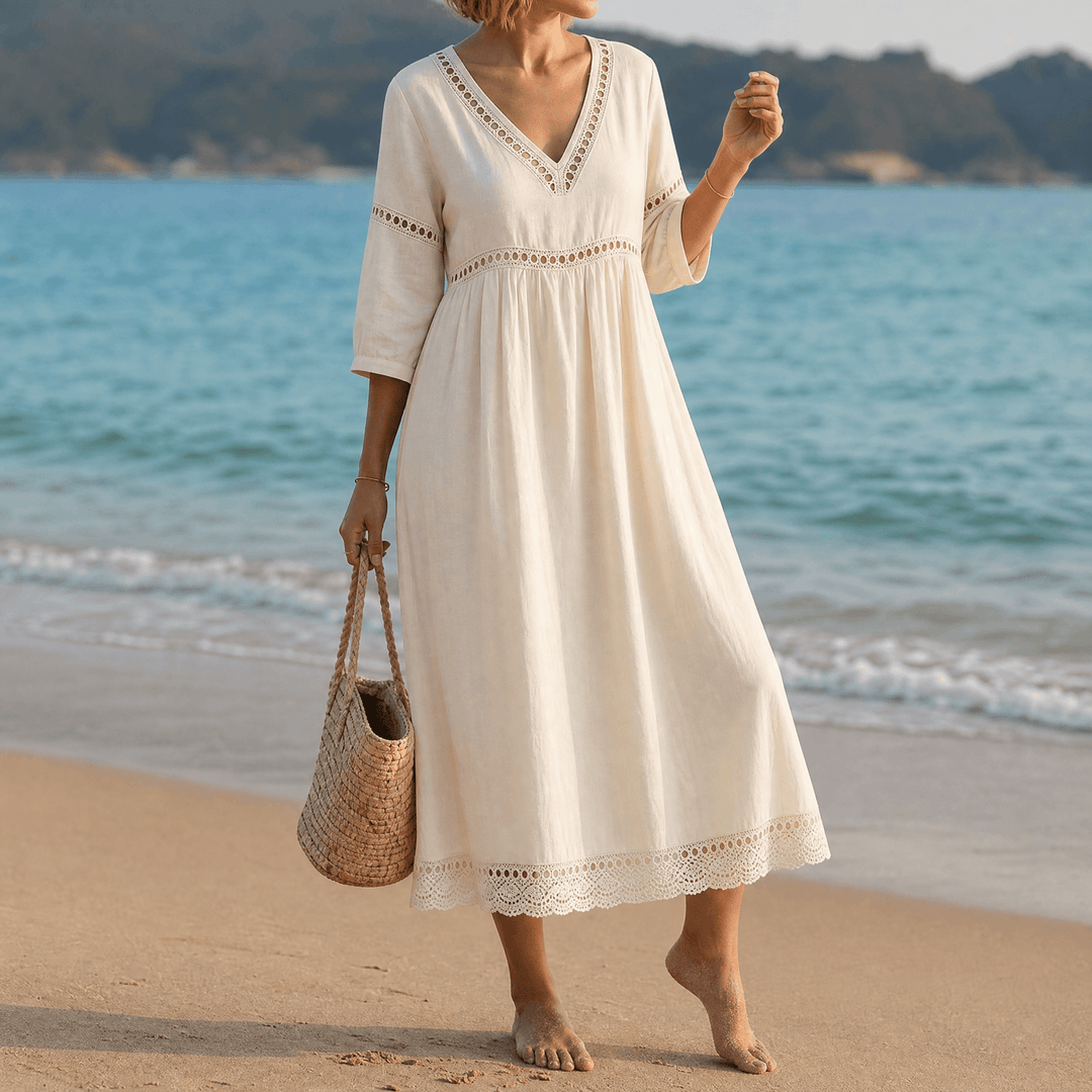 Solmera – Crochet Trim Midi Dress cream