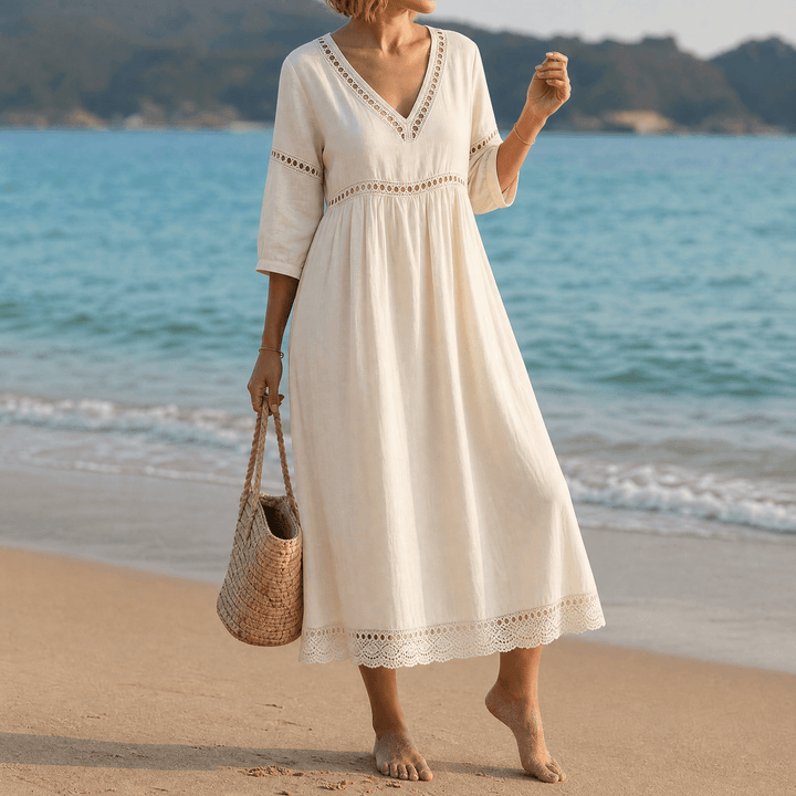 Solmera – Crochet Trim Midi Dress cream