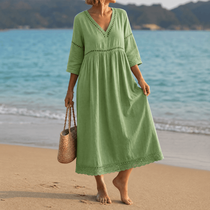 Solmera – Crochet Trim Midi Dress sage green