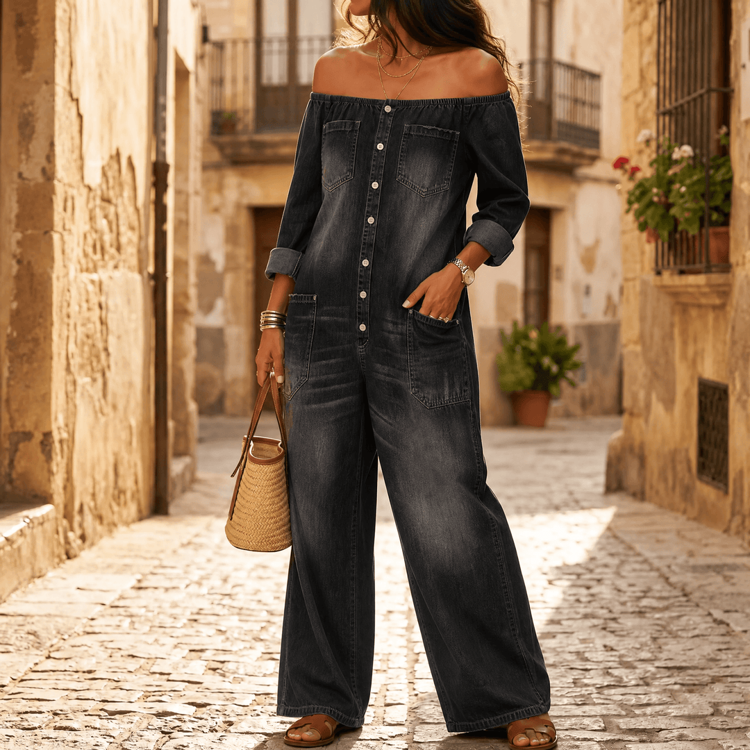 Soluna – Women's Off-Shoulder Wide-Leg Denim Jumpsuit Black Wash Denim