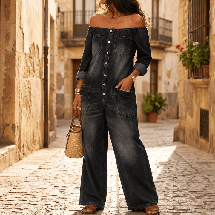 Soluna – Women's Off-Shoulder Wide-Leg Denim Jumpsuit Black Wash Denim