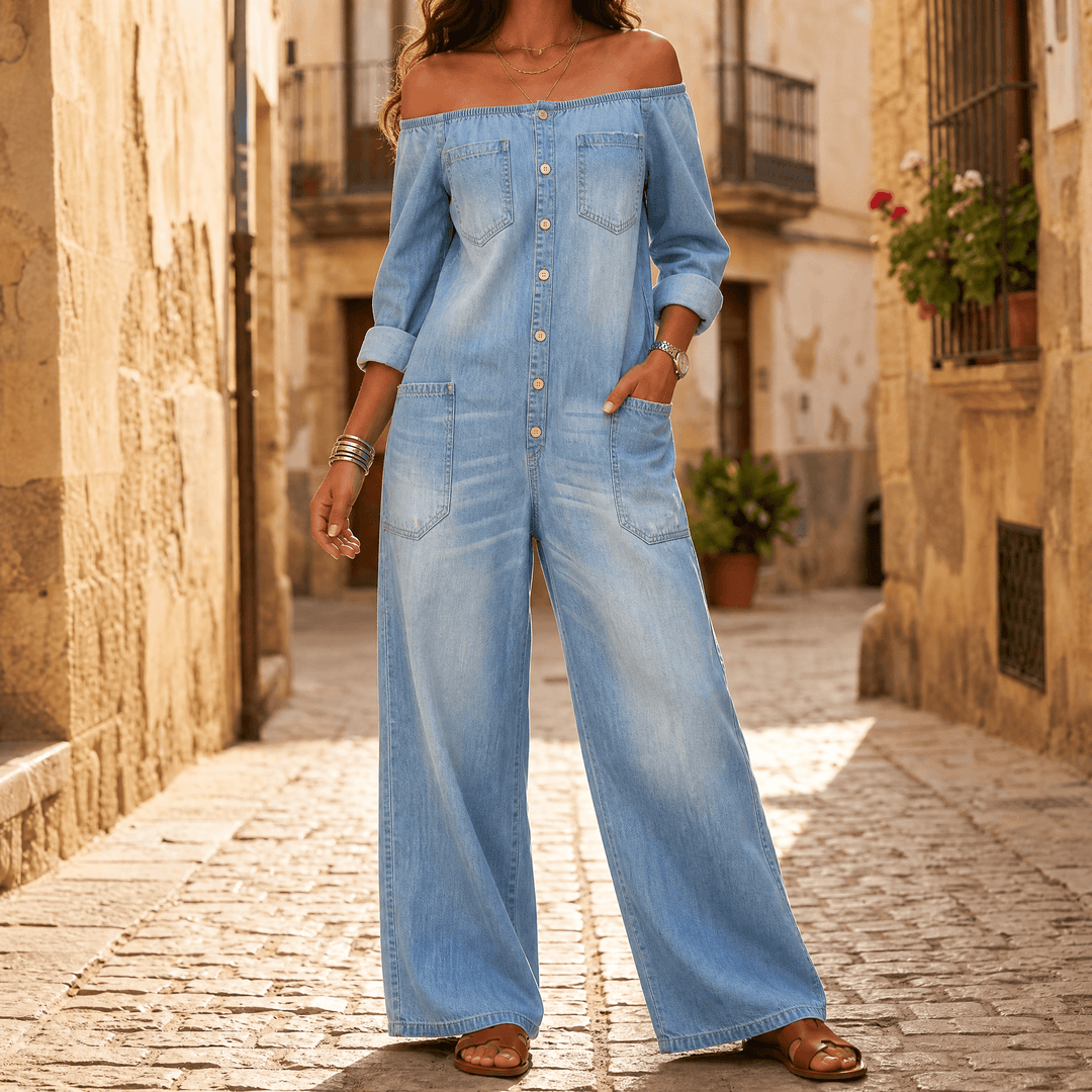 Soluna – Women's Off-Shoulder Wide-Leg Denim Jumpsuit Light Wash Denim