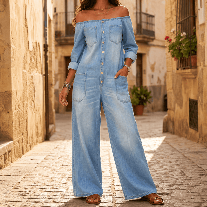 Soluna – Women's Off-Shoulder Wide-Leg Denim Jumpsuit Light Wash Denim