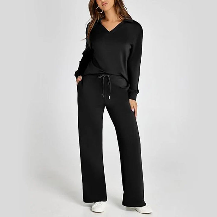 Softline – V-Neck Knit Top And Wide-Leg Pants Set