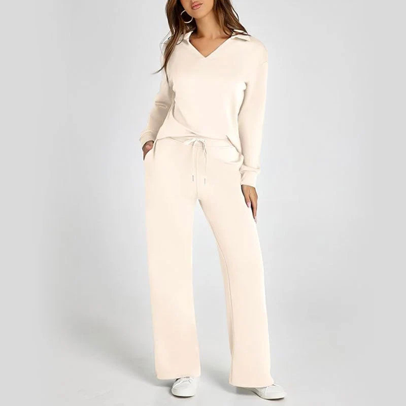 Softline – V-Neck Knit Top And Wide-Leg Pants Set