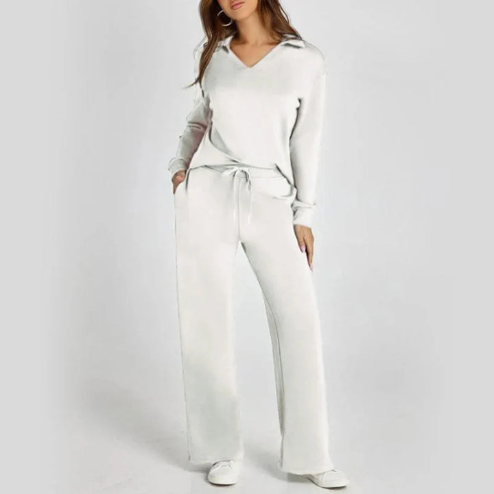 Softline – V-Neck Knit Top And Wide-Leg Pants Set