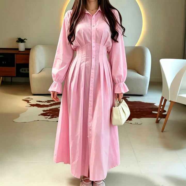 Wearbella – Pleated-Waist Belted Long-Sleeve Shirt Dress