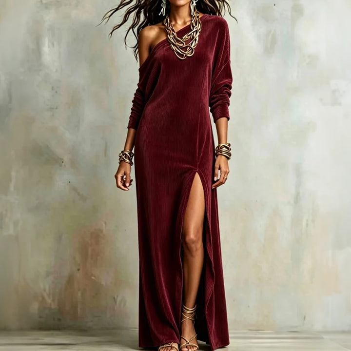 Vaelora – One-Shoulder Ribbed Thigh-Slit Maxi Dress