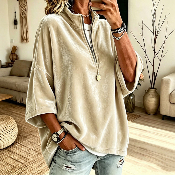 Wearbella – Half-Zip Funnel Neck Velour Pullover