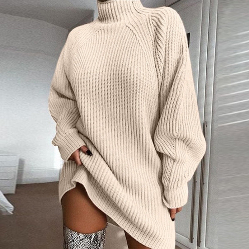 Cozyelle – Ribbed Raglan High-Neck Sweater Dress