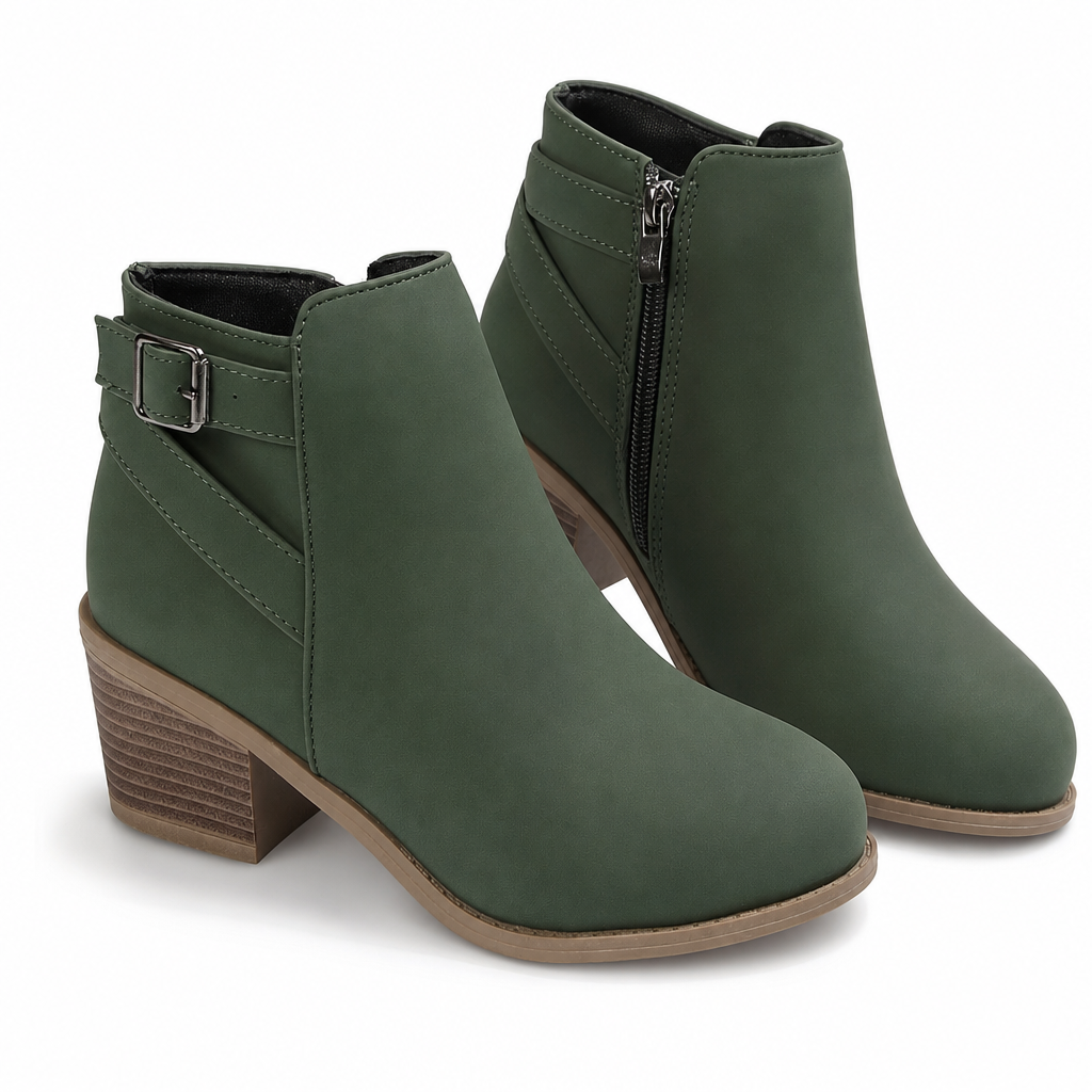 Buckle & Block – Slanted Buckle Side-Zip Ankle Boots