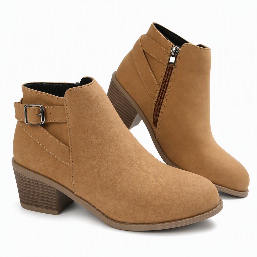 Buckle & Block – Slanted Buckle Side-Zip Ankle Boots
