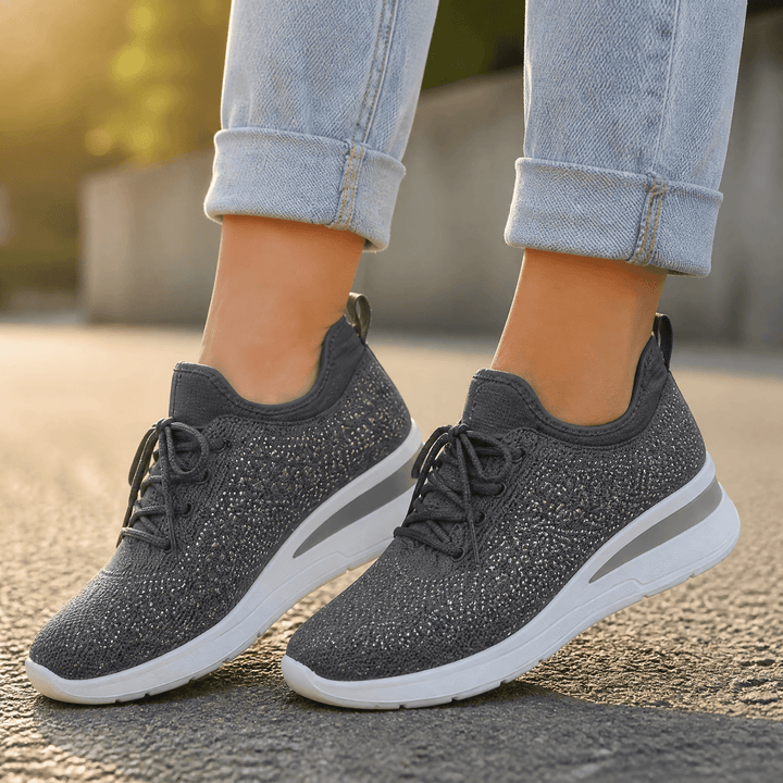 Stellara – Women’s Rhinestone Wedge Sneakers Gray / 6