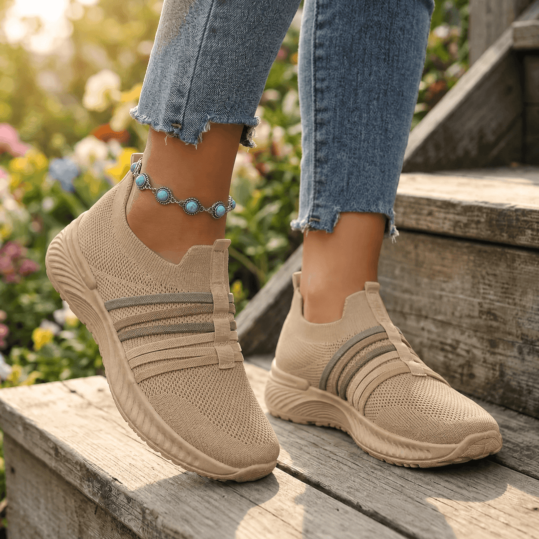 Steplia – Women's Breathable Mesh Slip-On Sneakers Tan