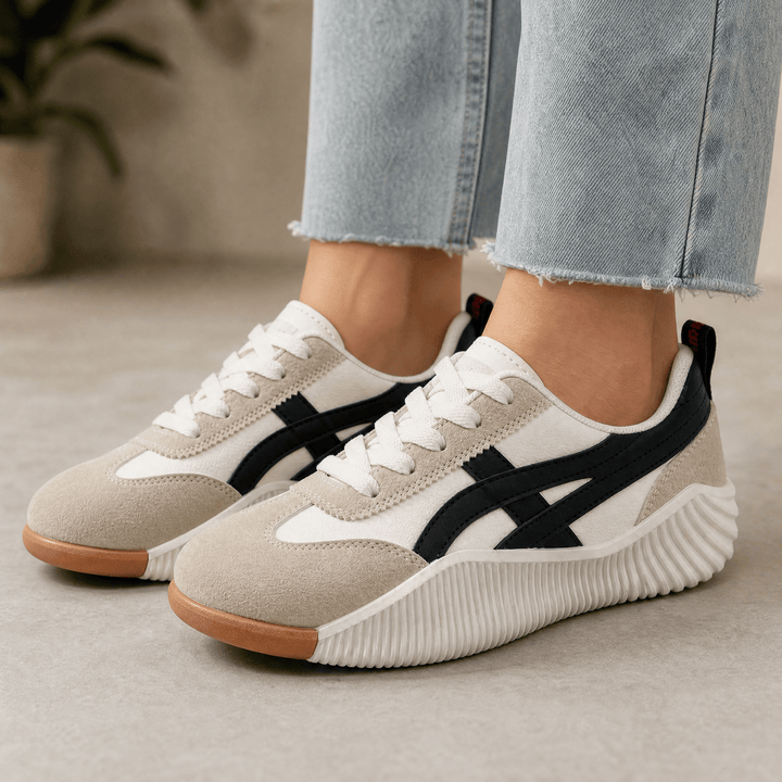 Stradia - Women's Retro Platform Sneakers for All Day Comfort Black - Beige / 5.5