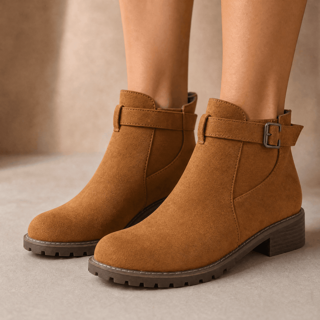 Stridella – Women's Suede-Look Buckle Ankle Booties Brown / 6