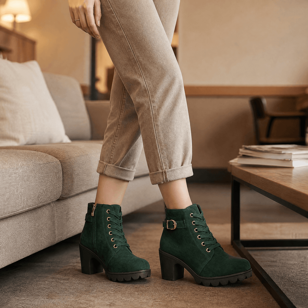 Strovia - Chunky Heel Ankle Boots with Fur Lining Green / 5