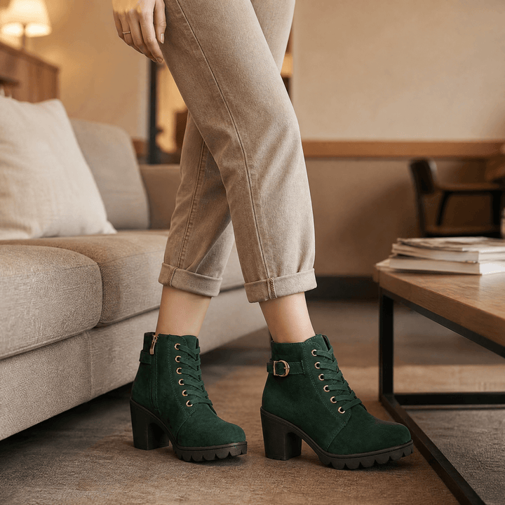 Strovia - Chunky Heel Ankle Boots with Fur Lining Green / 5