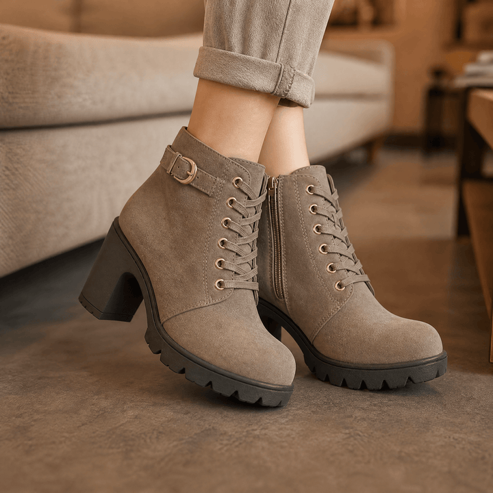 Strovia - Chunky Heel Ankle Boots with Fur Lining Khaki / 5