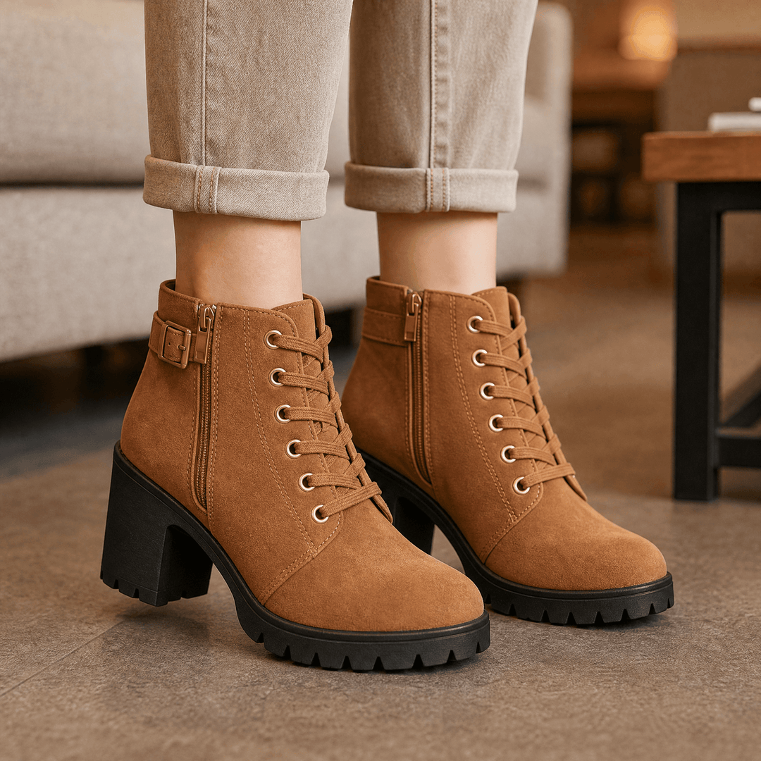 Strovia - Chunky Heel Ankle Boots with Fur Lining Tan / 5