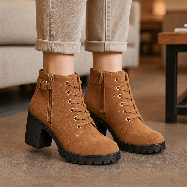 Strovia - Chunky Heel Ankle Boots with Fur Lining Tan / 5