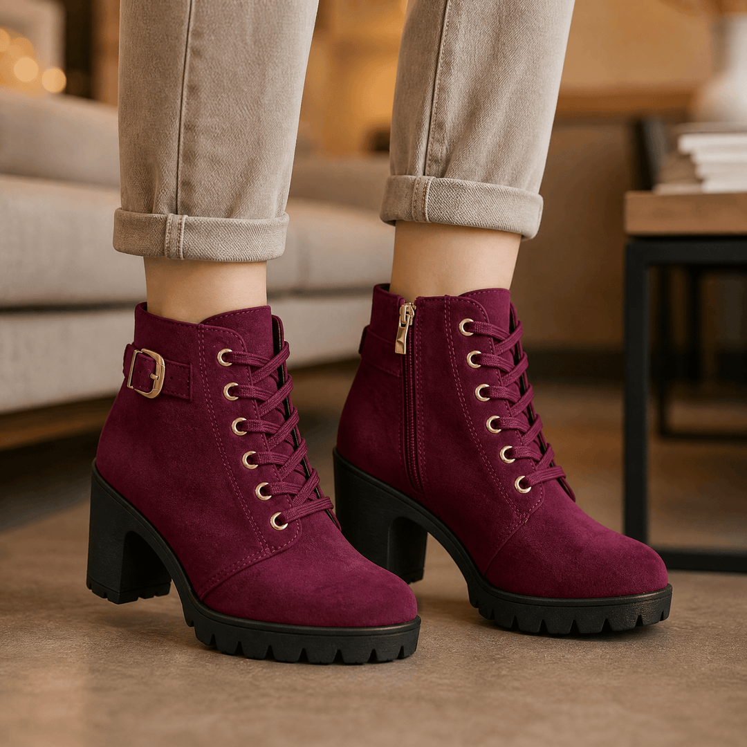 Strovia - Chunky Heel Ankle Boots with Fur Lining Wine / 5