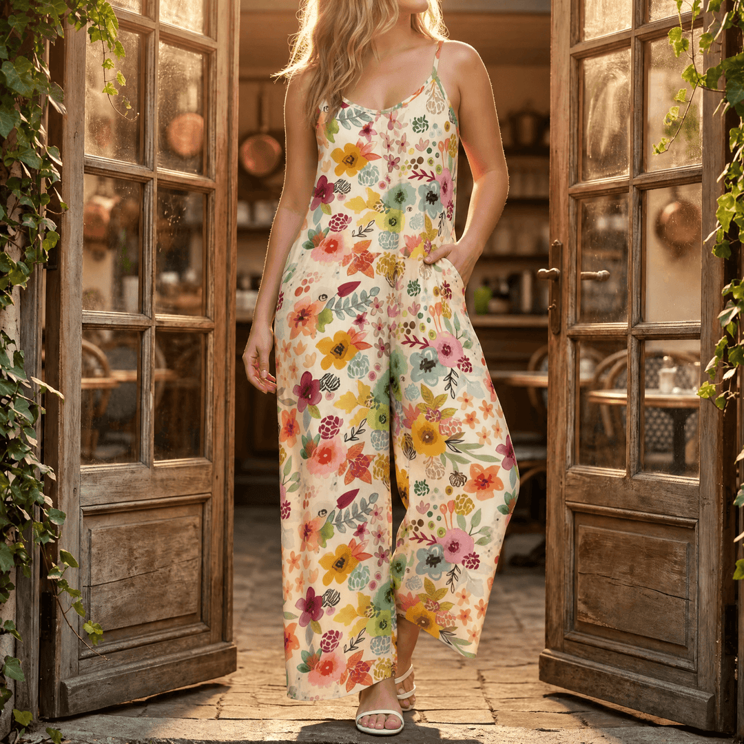Sunara – Women's Floral Wide-Leg Plus-Size Jumpsuit Cream Wildflower