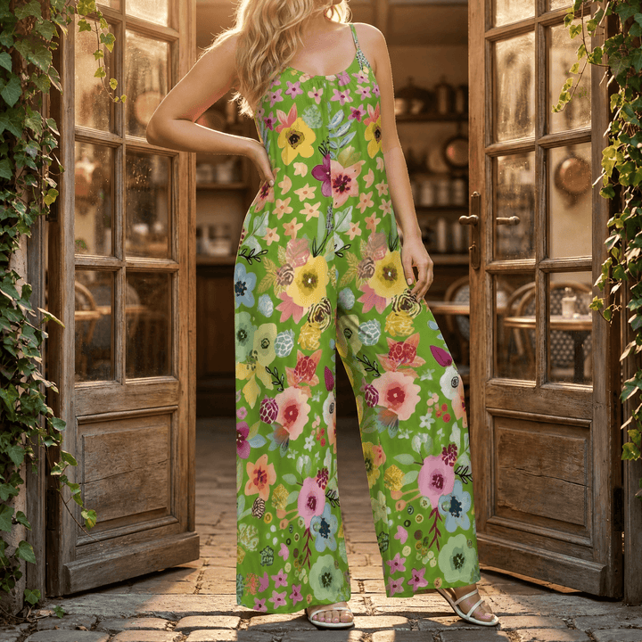 Sunara – Women's Floral Wide-Leg Plus-Size Jumpsuit Watercolor on Green