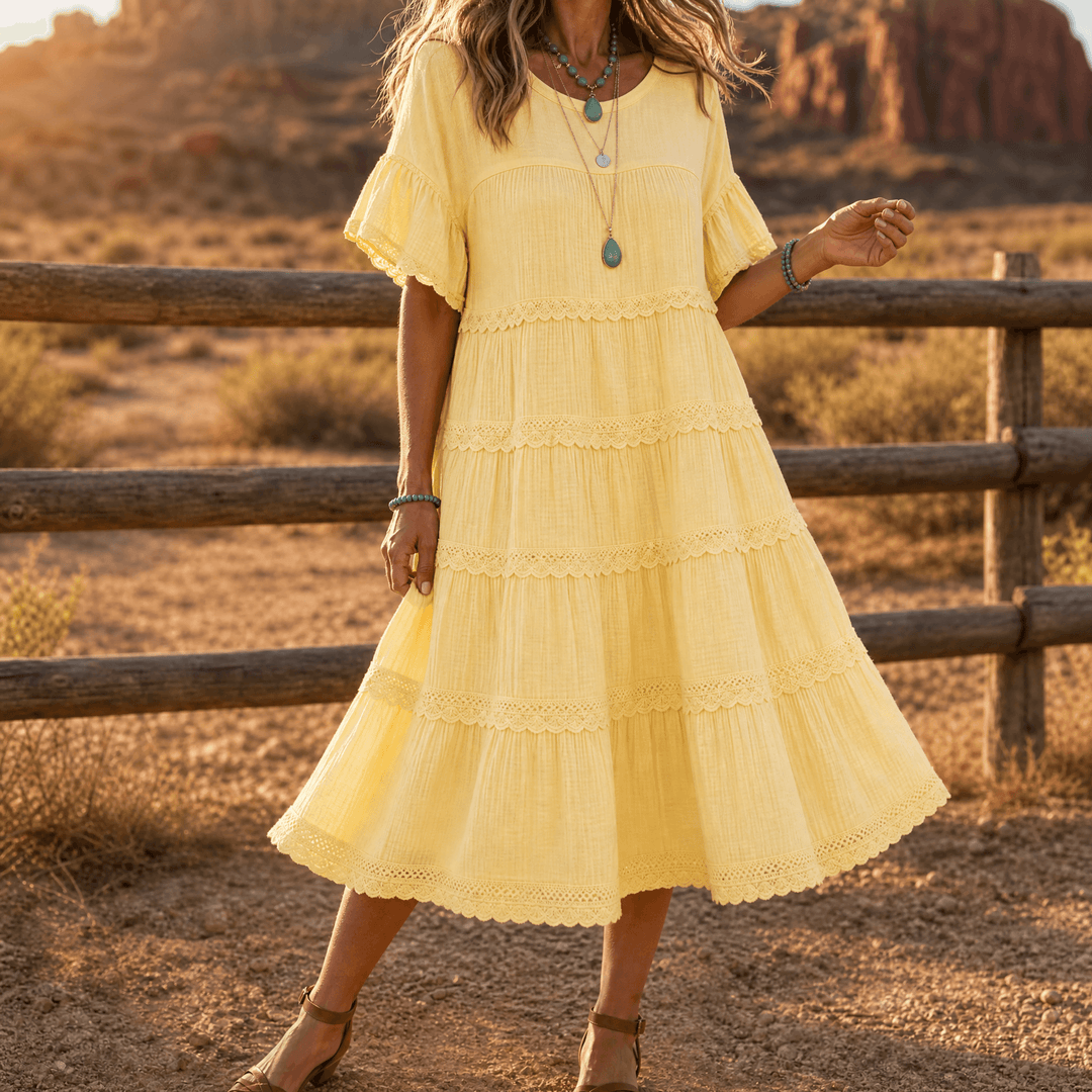 Sundara – Women's Tiered Lace Midi Dress with Hidden Pockets Butter Yellow