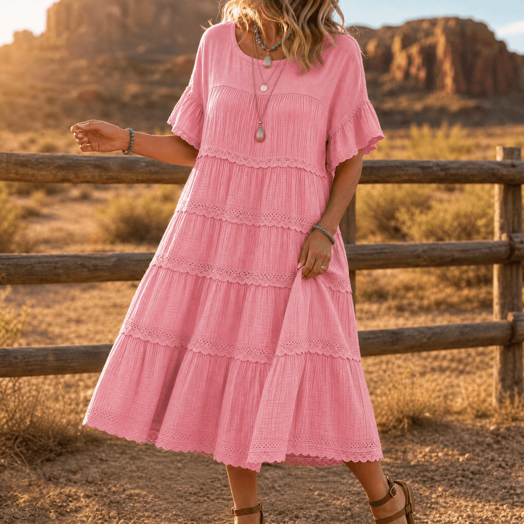 Sundara – Women's Tiered Lace Midi Dress with Hidden Pockets Dusty Pink