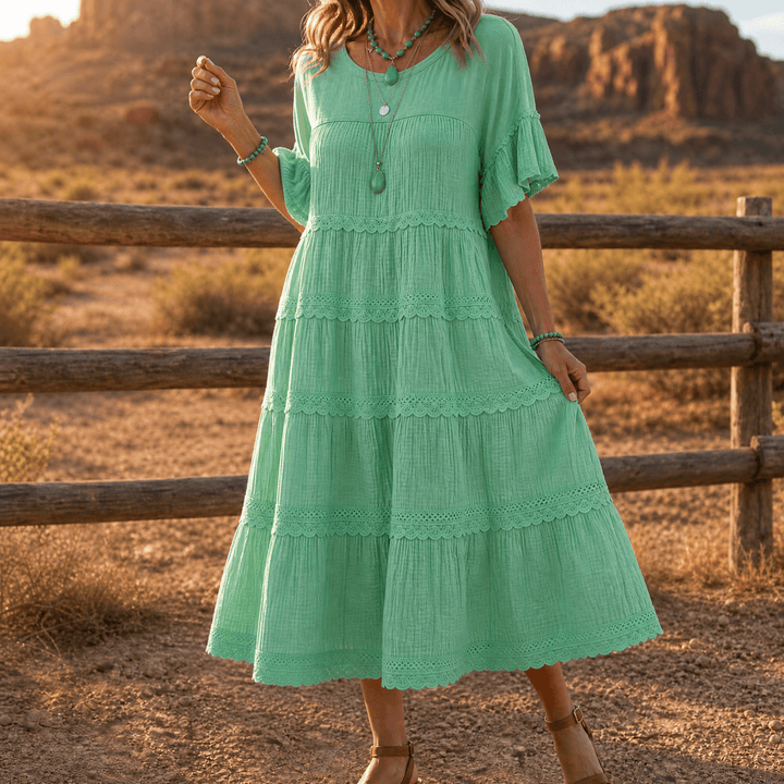 Sundara – Women's Tiered Lace Midi Dress with Hidden Pockets Sage Green
