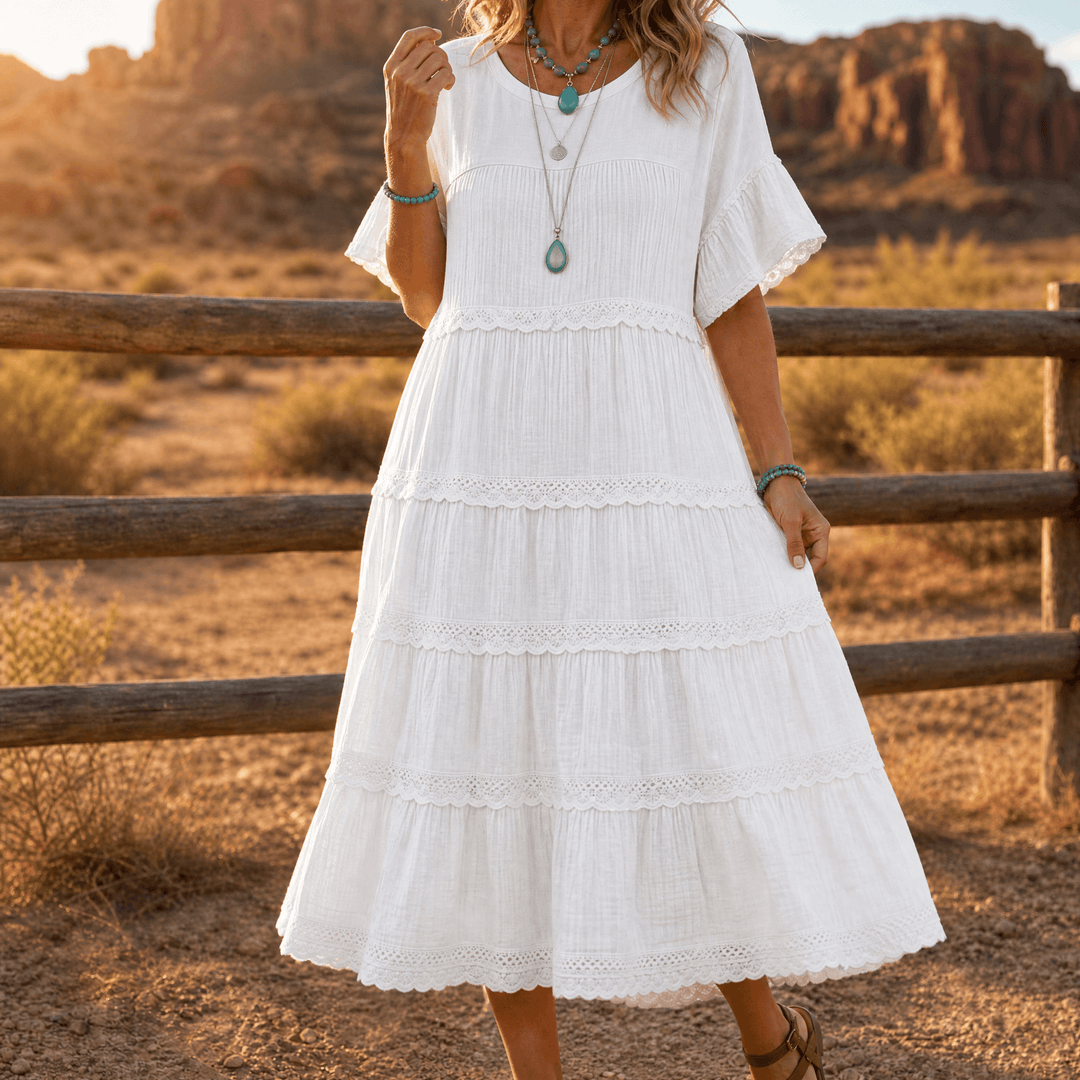 Sundara – Women's Tiered Lace Midi Dress with Hidden Pockets Soft White