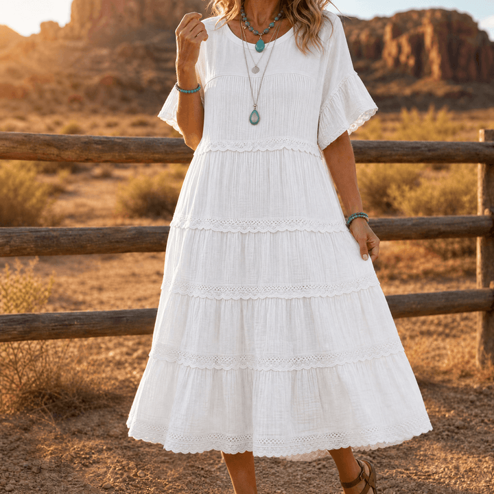 Sundara – Women's Tiered Lace Midi Dress with Hidden Pockets Soft White