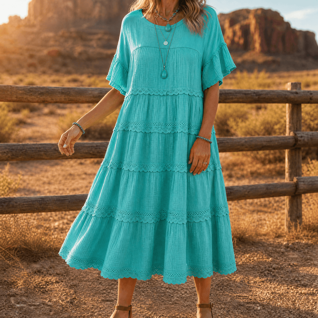 Sundara – Women's Tiered Lace Midi Dress with Hidden Pockets Turquoise