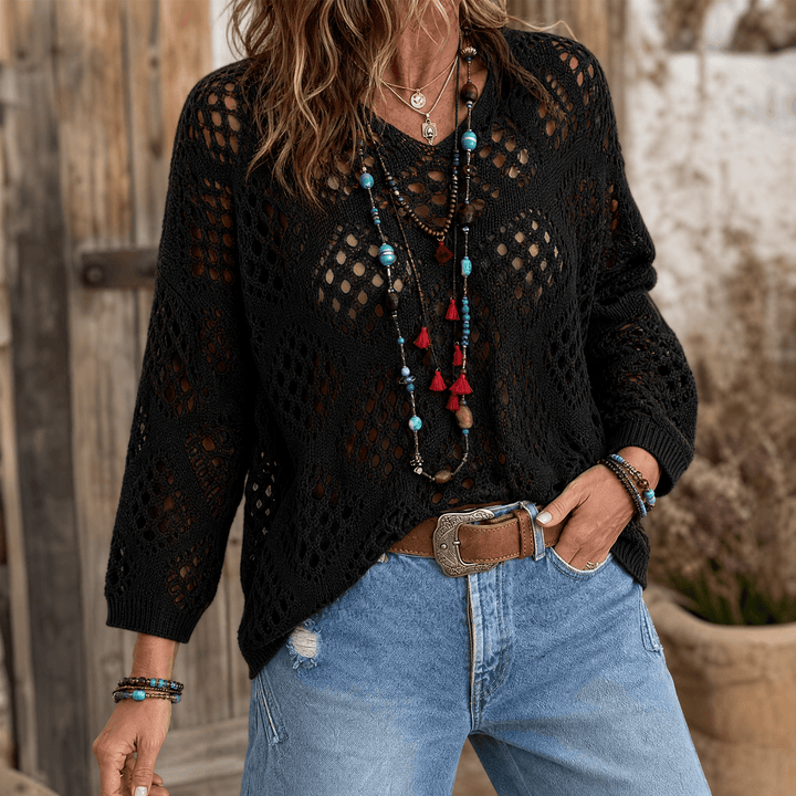 Sunfara – Women's Bohemian Crochet V-Neck Top Black / S