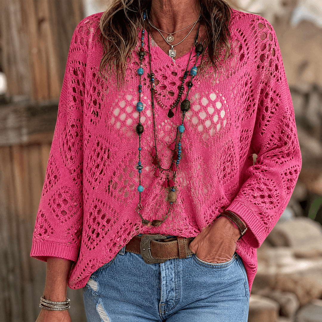 Sunfara – Women's Bohemian Crochet V-Neck Top Coral Pink / S