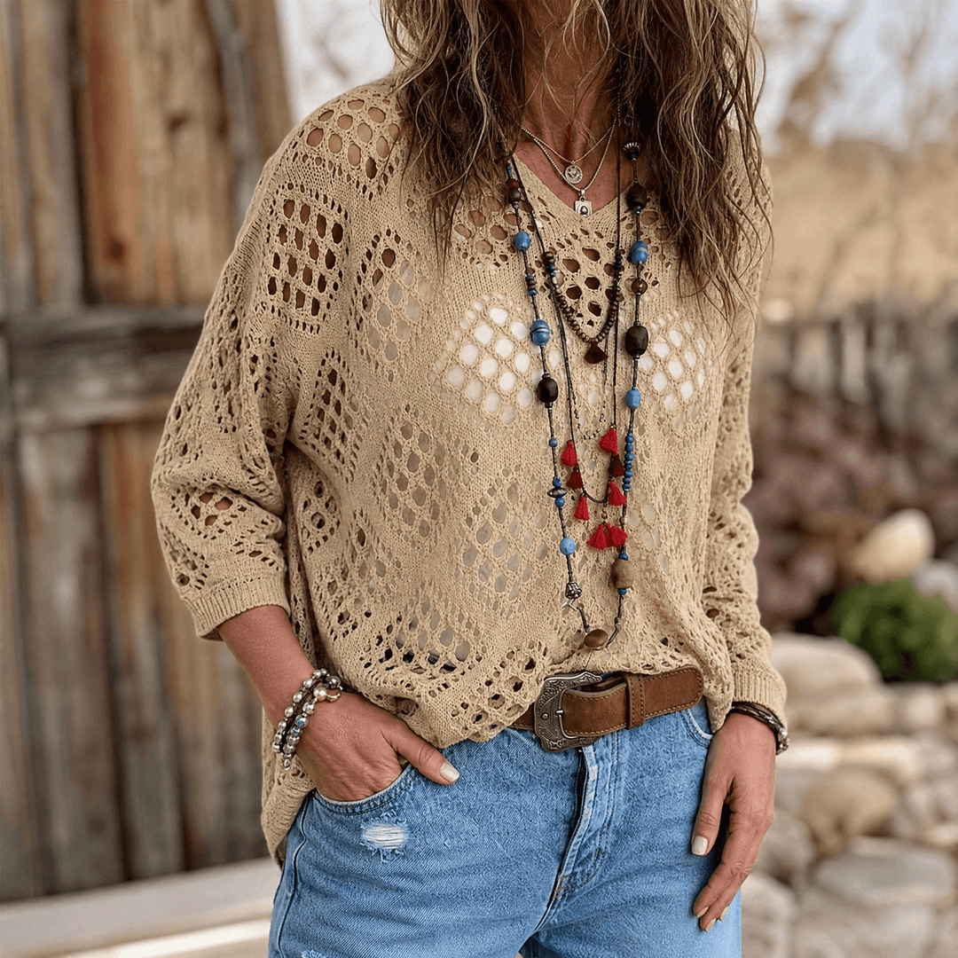Sunfara – Women's Bohemian Crochet V-Neck Top Khaki / S