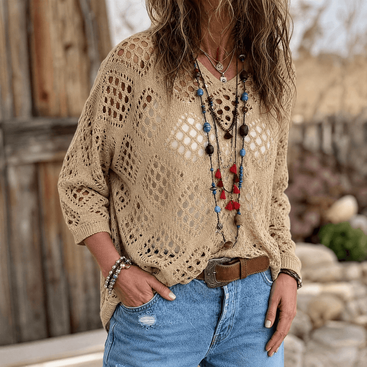 Sunfara – Women's Bohemian Crochet V-Neck Top Khaki / S