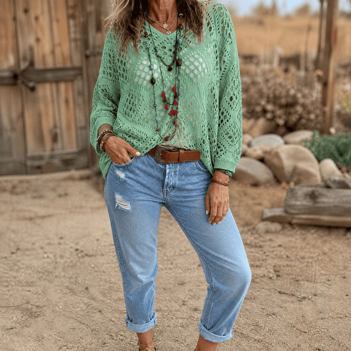 Sunfara – Women's Bohemian Crochet V-Neck Top Sage Green / S