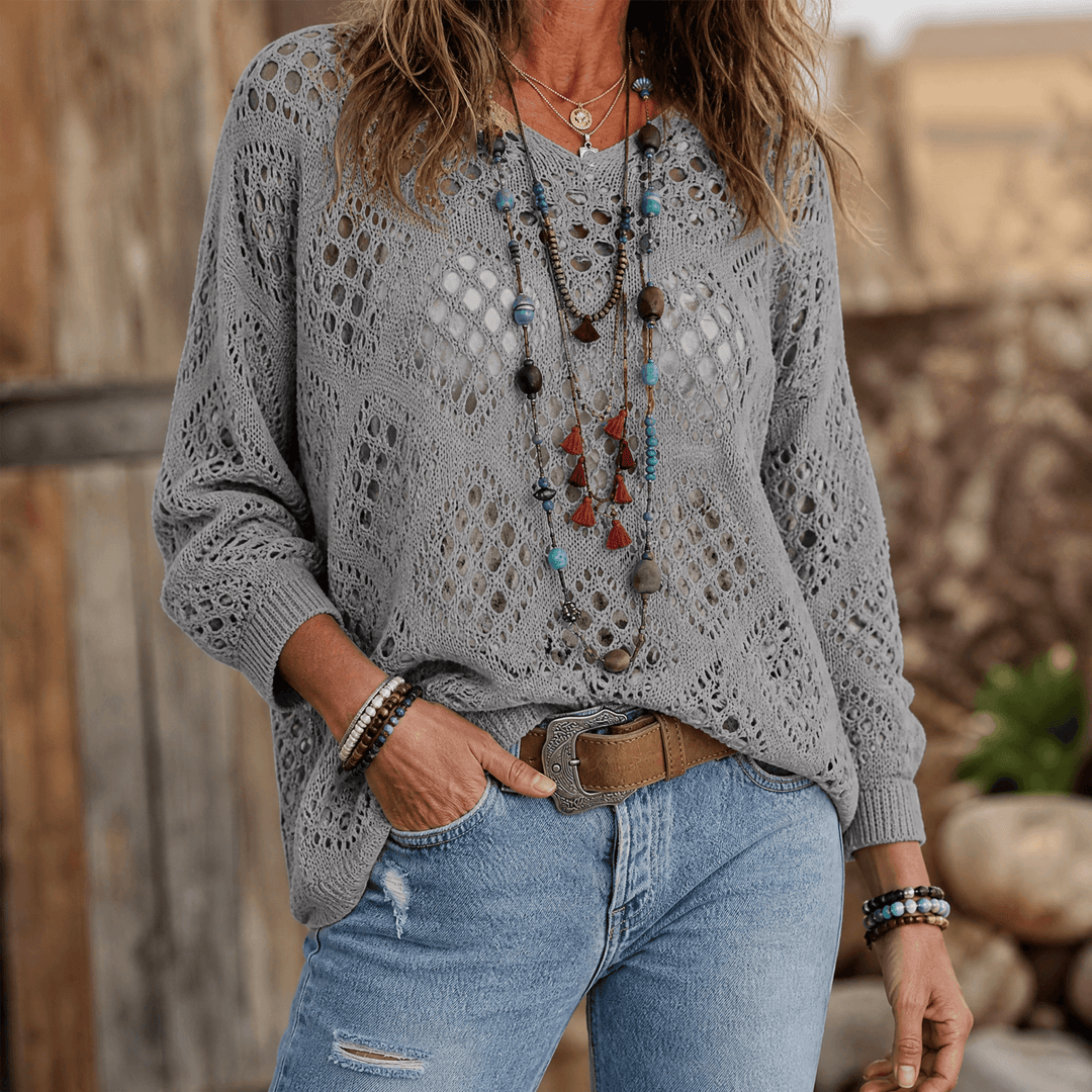 Sunfara – Women's Bohemian Crochet V-Neck Top Stone Gray / S