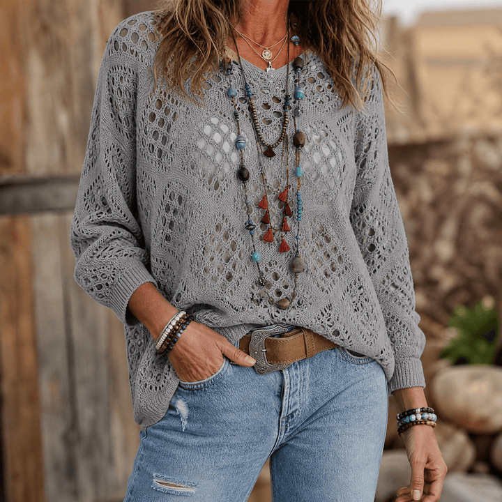 Sunfara – Women's Bohemian Crochet V-Neck Top Stone Gray / S