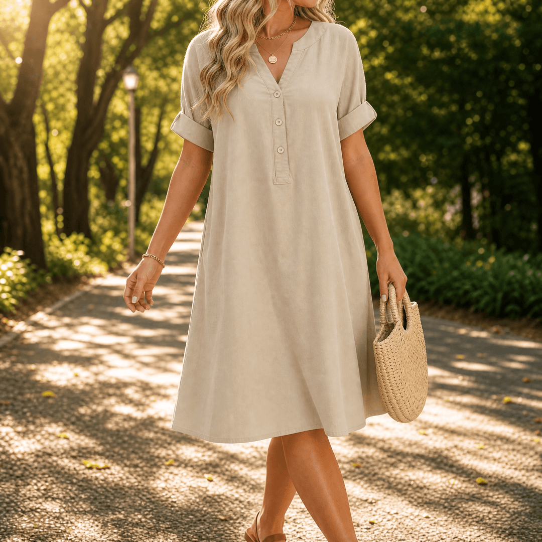 Sunhara – Women's Breezy V-Neck Boho Sundress with Pockets Beige