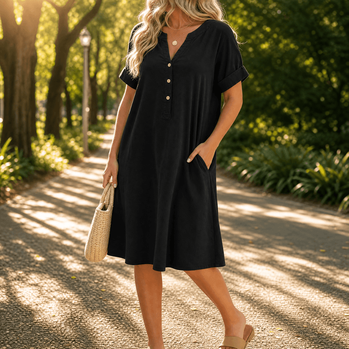 Sunhara – Women's Breezy V-Neck Boho Sundress with Pockets Black
